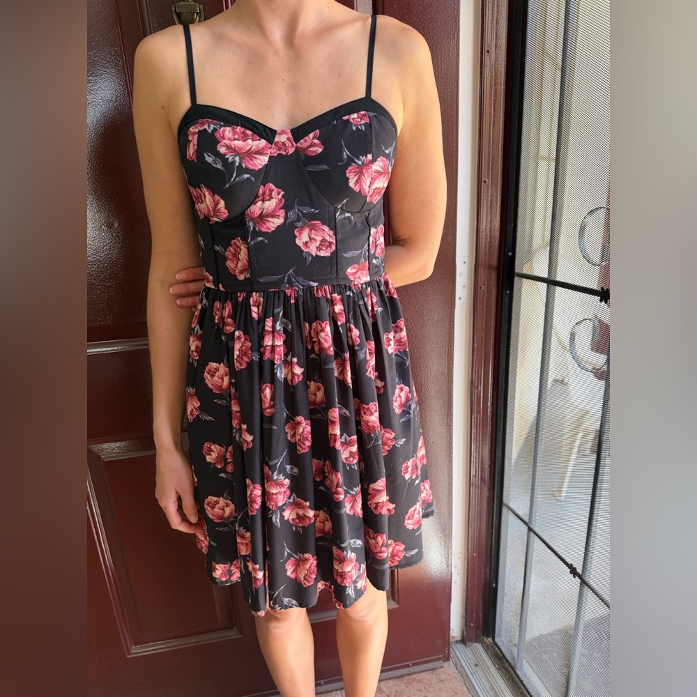 Band of Gypsies Black Floral Midi Dress with Pink Flowers